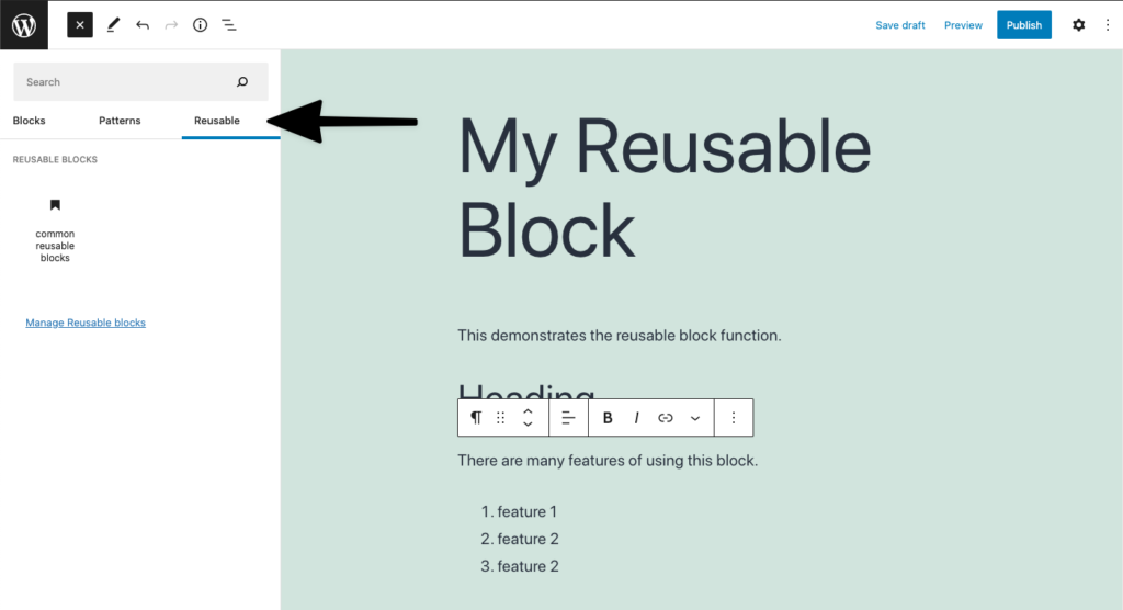 WordPress block editor with the reusable block tab highlighted